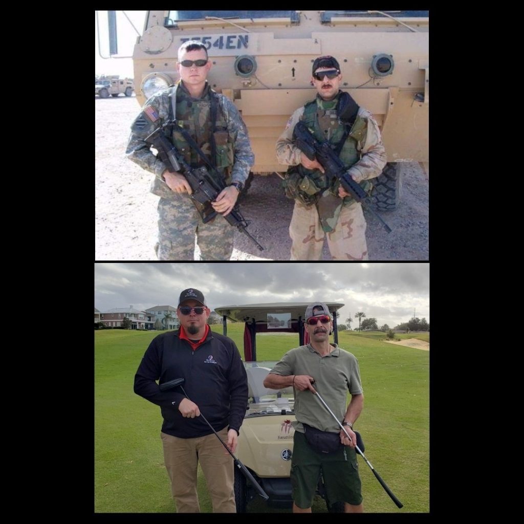 Halverson and Diezi recreating on the golf course a photo from their tour together, using golf clubs in place of rifles. 