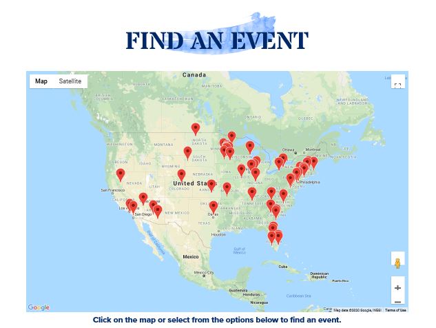 Screenshot of "Find an Event" map on the new Tee It Up for the Troops website. Shows military fundraising events nationwide. 