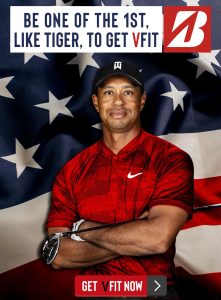 Tiger Woods, arms crossed and an American flag background. Text reading "Be one of the first, like Tiger, to get VFIT"