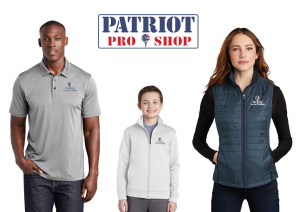 man, child, and woman, standing and wearing 'tee it up for the troops' themed polos and jacketss