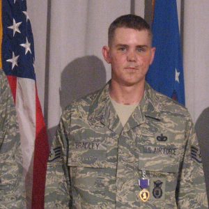 Staff Sgt. Nick Bradley received both the Purple Heart and the Combat Action Medal from Air Force Chief of Staff Gen. Norton Schwartz, at Walter Reed Army Medical Center, Washington, D. C. in 2008.