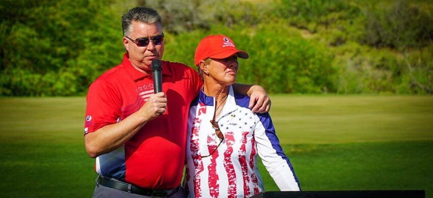 Gold Star Mother, Vicki Dryer, is recognized byTee It Up for the Troops President and Executive Director, Tim Wegscheid