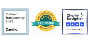 Charity Navigator (100/100), Guidestar (Platinum rating), and GreatNonprofits (Top-Rated)